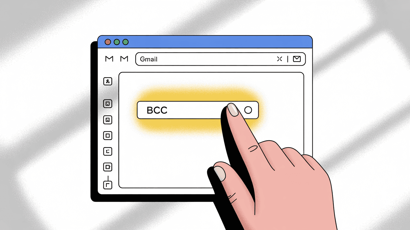 Gmail compose window showing how to reveal the BCC field by clicking the Bcc button